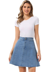 High Waisted A-Line Flared Casual Denim Midi Jean Skirt