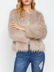 Long Sleeves Collarless Cropped Faux Fur Coat