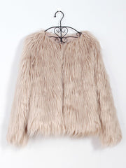 Long Sleeves Collarless Cropped Faux Fur Coat