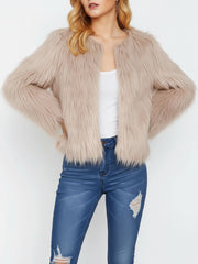 Long Sleeves Collarless Cropped Faux Fur Coat