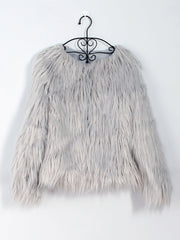 Long Sleeves Collarless Cropped Faux Fur Coat
