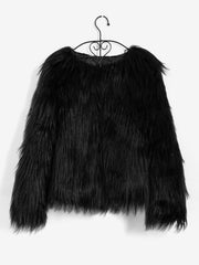 Long Sleeves Collarless Cropped Faux Fur Coat