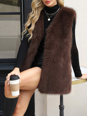 Collarless Sleeveless Open Front Faux Fur Vest