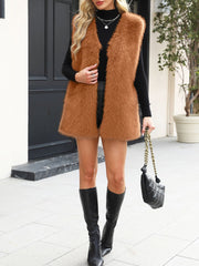 Collarless Sleeveless Open Front Faux Fur Vest