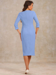 Elegant Boat Neck 3/4 Sleeves Work Midi Split Sheath Dress