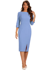 Elegant Boat Neck 3/4 Sleeves Work Midi Split Sheath Dress
