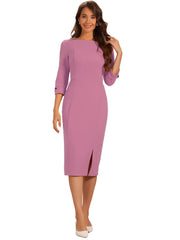 Elegant Boat Neck 3/4 Sleeves Work Midi Split Sheath Dress