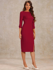 Elegant Boat Neck 3/4 Sleeves Work Midi Split Sheath Dress