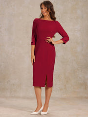 Elegant Boat Neck 3/4 Sleeves Work Midi Split Sheath Dress