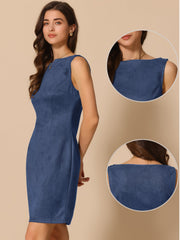 Faux Suede Boat Neck Sleeveless Sheath Midi Dress