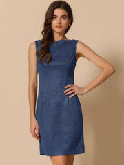 Faux Suede Boat Neck Sleeveless Sheath Midi Dress