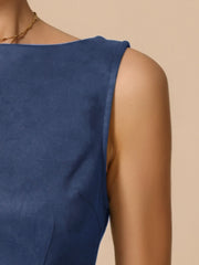 Faux Suede Boat Neck Sleeveless Sheath Midi Dress