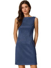 Faux Suede Boat Neck Sleeveless Sheath Midi Dress