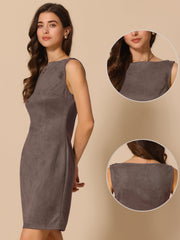 Faux Suede Boat Neck Sleeveless Sheath Midi Dress