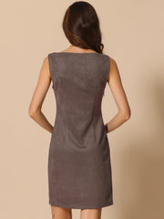 Faux Suede Boat Neck Sleeveless Sheath Midi Dress