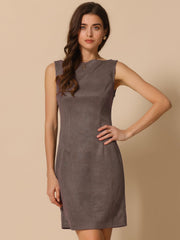 Faux Suede Boat Neck Sleeveless Sheath Midi Dress