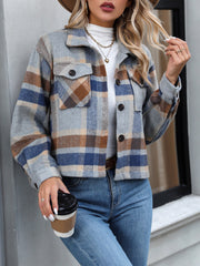 Lapel Long Sleeves Plaid Cropped Jacket