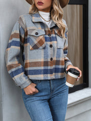 Lapel Long Sleeves Plaid Cropped Jacket