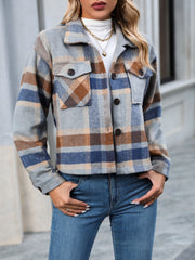 Lapel Long Sleeves Plaid Cropped Jacket