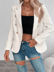 Tweed Notched Lapel Long Sleeves Plaid Blazer