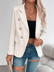 Tweed Notched Lapel Long Sleeves Plaid Blazer