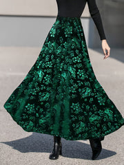 Velvet Floral Textured Elastic Waist Maxi A-Line Skirt