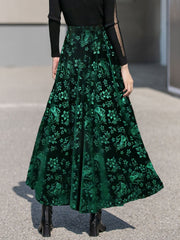 Velvet Floral Textured Elastic Waist Maxi A-Line Skirt