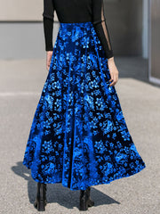 Velvet Floral Textured Elastic Waist Maxi A-Line Skirt