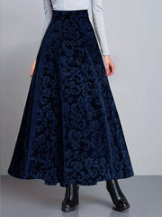 Velvet Textured Maxi A-Line Elastic Waist Skirt