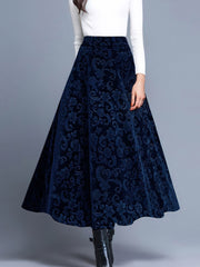 Velvet Textured Maxi A-Line Elastic Waist Skirt
