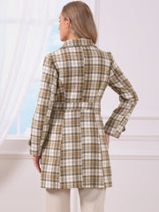 Single Breasted Plaid Long Sleeves Pocketed Pea Coat