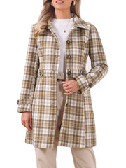 Single Breasted Plaid Long Sleeves Pocketed Pea Coat