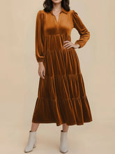 Solid Color Long Sleeve Velvet Tiered Midi Dress