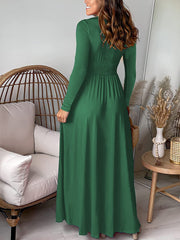 Deep V Neck Long Sleeve Ruched Slit Evening Dress
