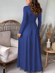 Deep V Neck Long Sleeve Ruched Slit Evening Dress