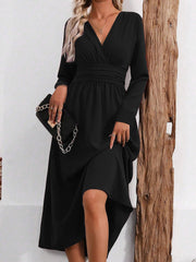 V Neck Long Sleeves Ruched Smocked Midi A-Line Dress