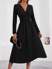 V Neck Long Sleeves Ruched Smocked Midi A-Line Dress
