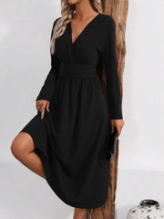 V Neck Long Sleeves Ruched Smocked Midi A-Line Dress