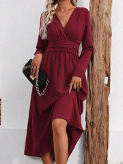 V Neck Long Sleeves Ruched Smocked Midi A-Line Dress