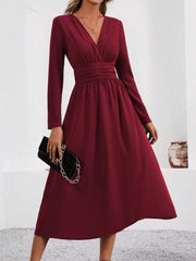 V Neck Long Sleeves Ruched Smocked Midi A-Line Dress