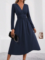 V Neck Long Sleeves Ruched Smocked Midi A-Line Dress