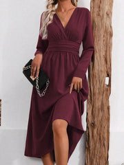 V Neck Long Sleeves Ruched Smocked Midi A-Line Dress