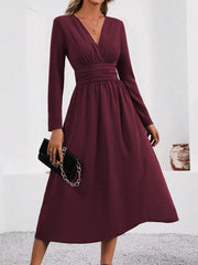 V Neck Long Sleeves Ruched Smocked Midi A-Line Dress