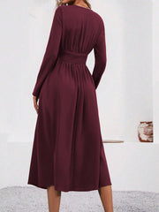 V Neck Long Sleeves Ruched Smocked Midi A-Line Dress