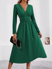 V Neck Long Sleeves Ruched Smocked Midi A-Line Dress