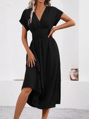 V Neck Short Sleeves Ruched Smocked A-Line Midi Dress