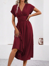 V Neck Short Sleeves Ruched Smocked A-Line Midi Dress
