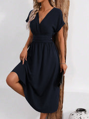 V Neck Short Sleeves Ruched Smocked A-Line Midi Dress