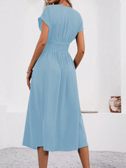 V Neck Short Sleeves Ruched Smocked A-Line Midi Dress