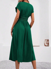 V Neck Short Sleeves Ruched Smocked A-Line Midi Dress